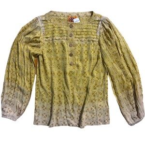 Tory Burch Geometric Print Pintuck Pleated Sleeve Blouse Yellow Tan Women's M